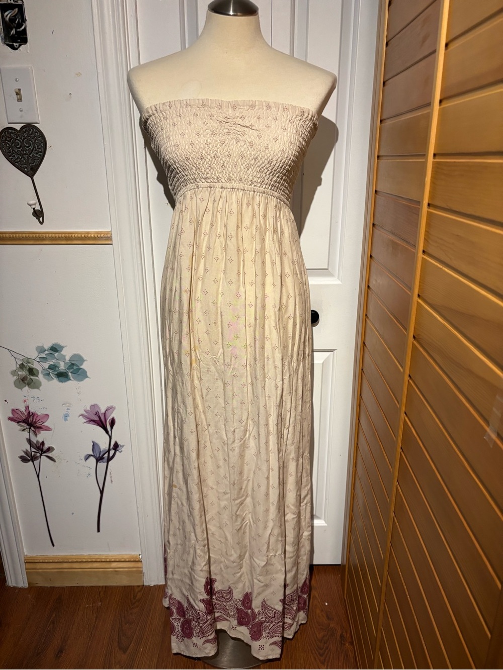 Strapless Cream Maxi Dress with Smocked Bodice and Embroidered Hem